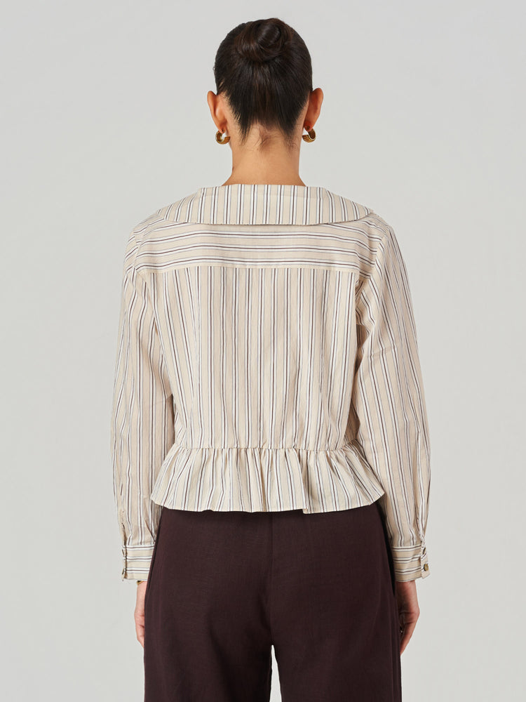 Beige Striped Wide Collar Peplum Blouse