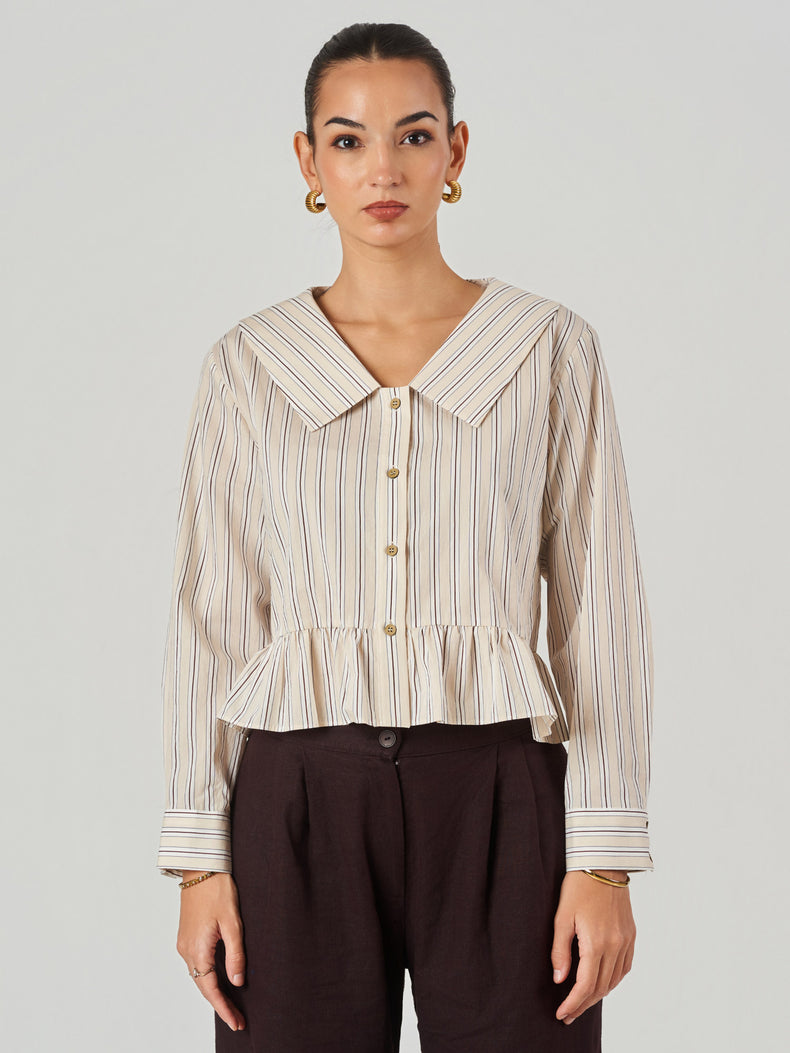 Beige Striped Wide Collar Peplum Blouse