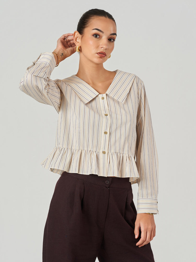 Beige Striped Wide Collar Peplum Blouse
