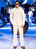 Beige Textured Linen Cotton Tailored Jacket