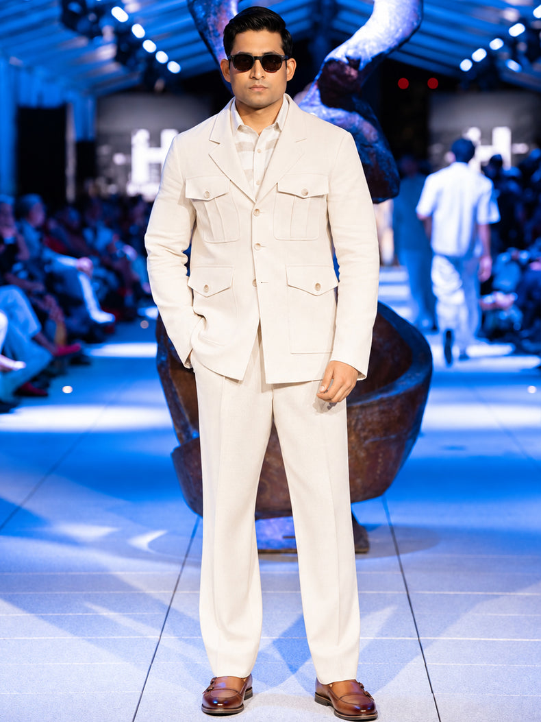Beige Textured Linen Cotton Tailored Jacket