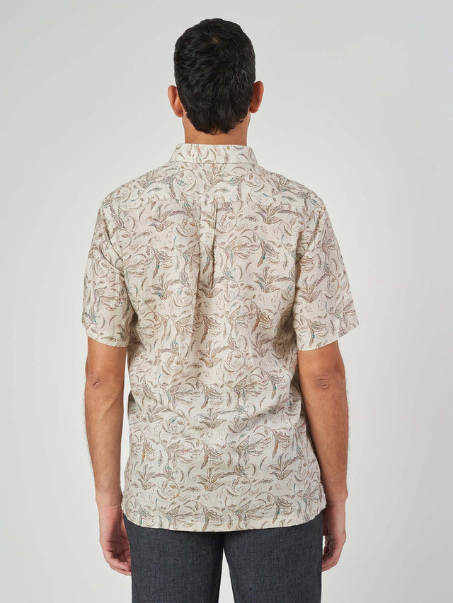 Beige Printed Linen Regular Fit Short Sleeve Shirt