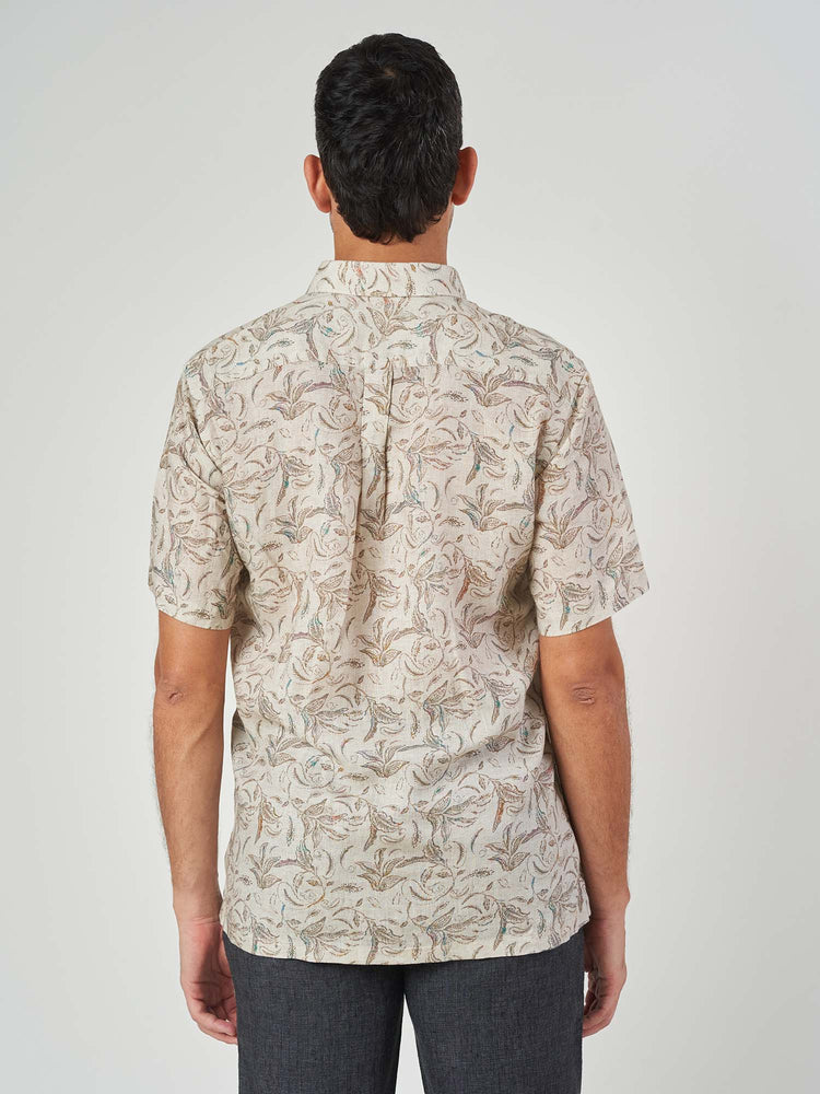 Beige Printed Linen Regular Fit Short Sleeve Shirt
