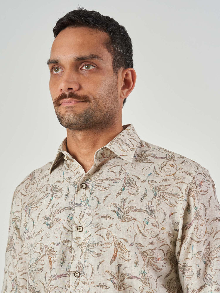 Beige Printed Linen Regular Fit Short Sleeve Shirt
