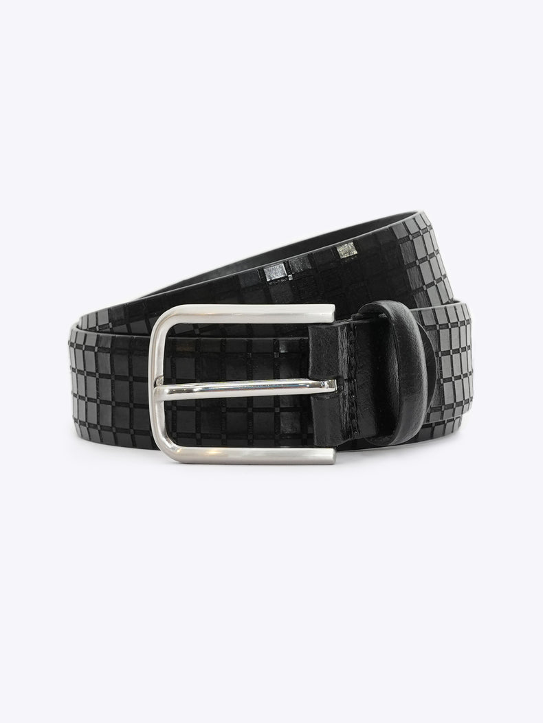Checkered Grid Embossed Full Grain Leather Belt