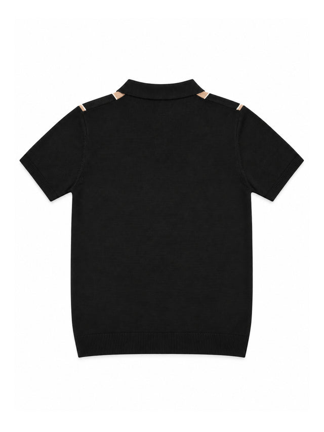 Black Contrast Stripe Geometric Knit Polo Shirt
