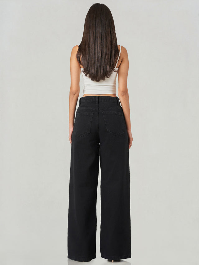 Black Cotton Blend Oversized Wide Leg Jeans
