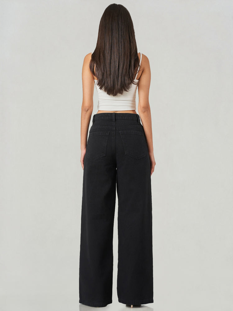 Black Cotton Blend Oversized Wide Leg Jeans