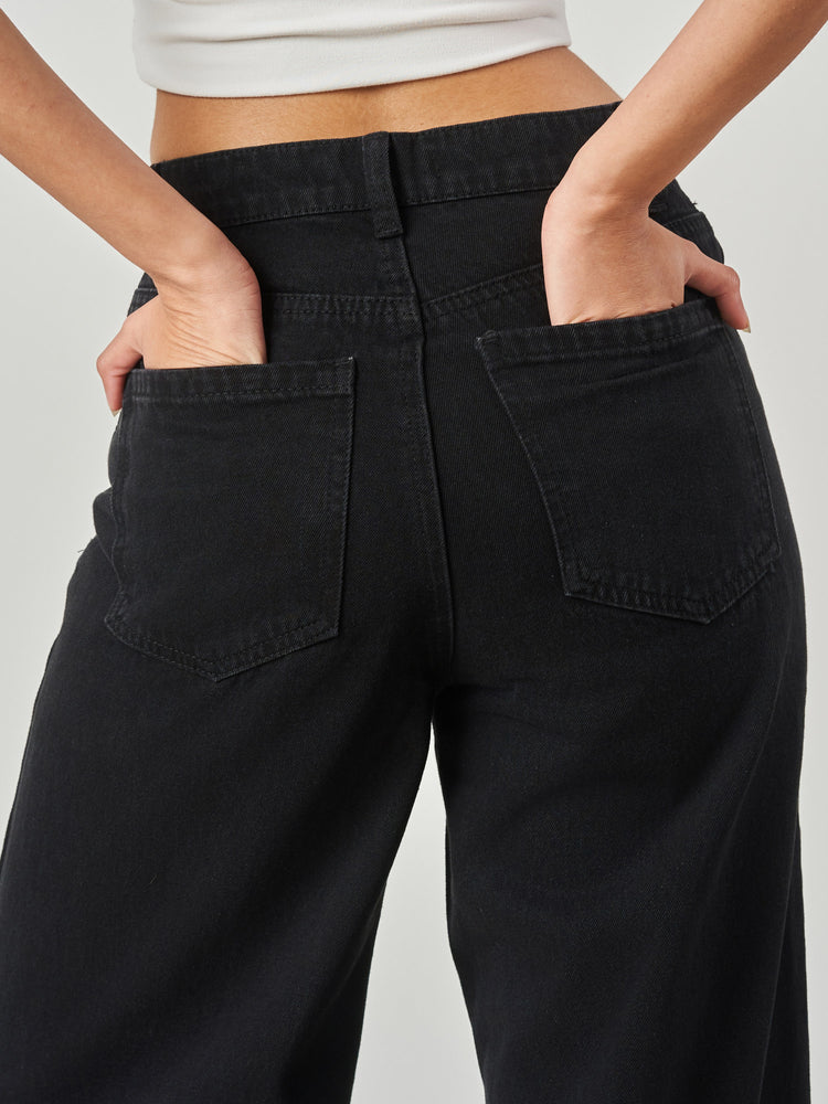 Black Cotton Blend Oversized Wide Leg Jeans