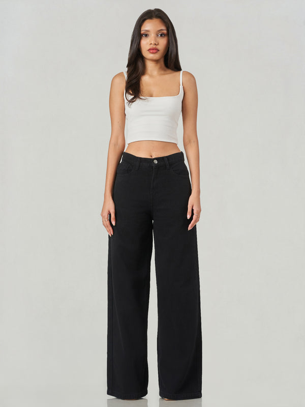 Black Cotton Blend Oversized Wide Leg Jeans