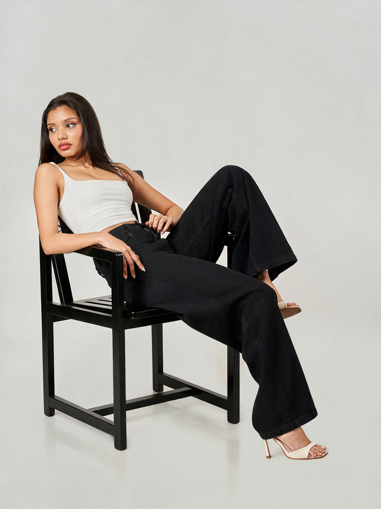 Black Cotton Blend Oversized Wide Leg Jeans