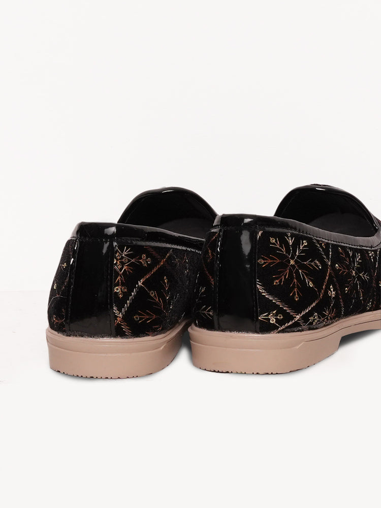 Black Floral Embroidered Ethnic Slip-On Shoes