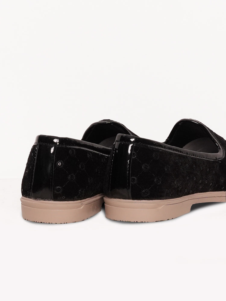 Black Floral Embroidered Ethnic Slip-On Shoes