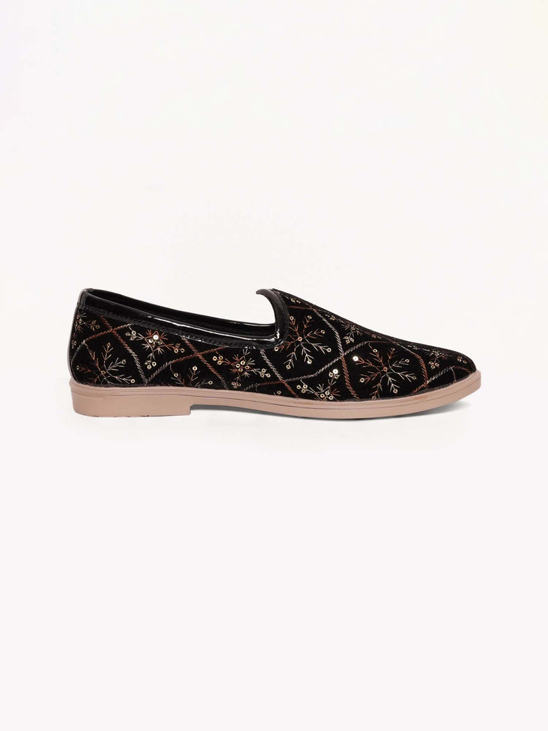 Black Floral Embroidered Ethnic Slip-On Shoes