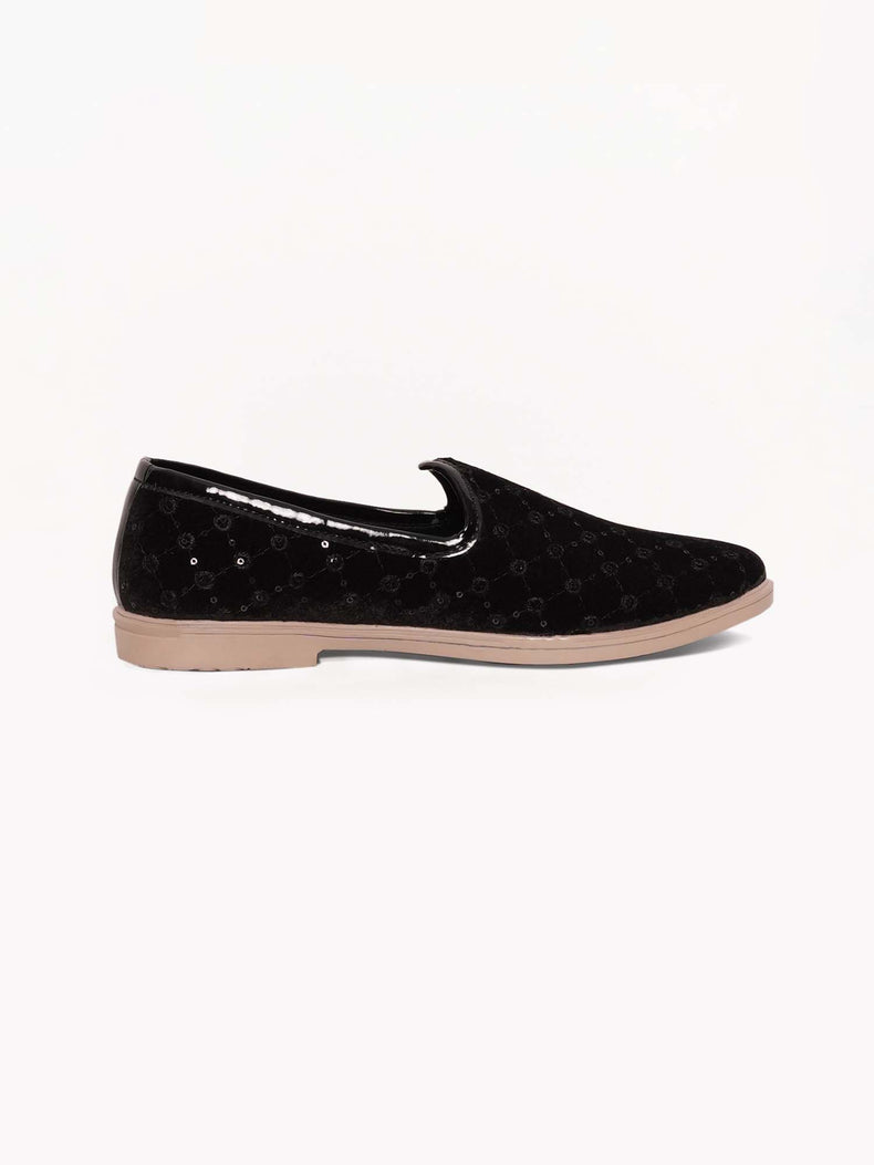 Black Floral Embroidered Ethnic Slip-On Shoes