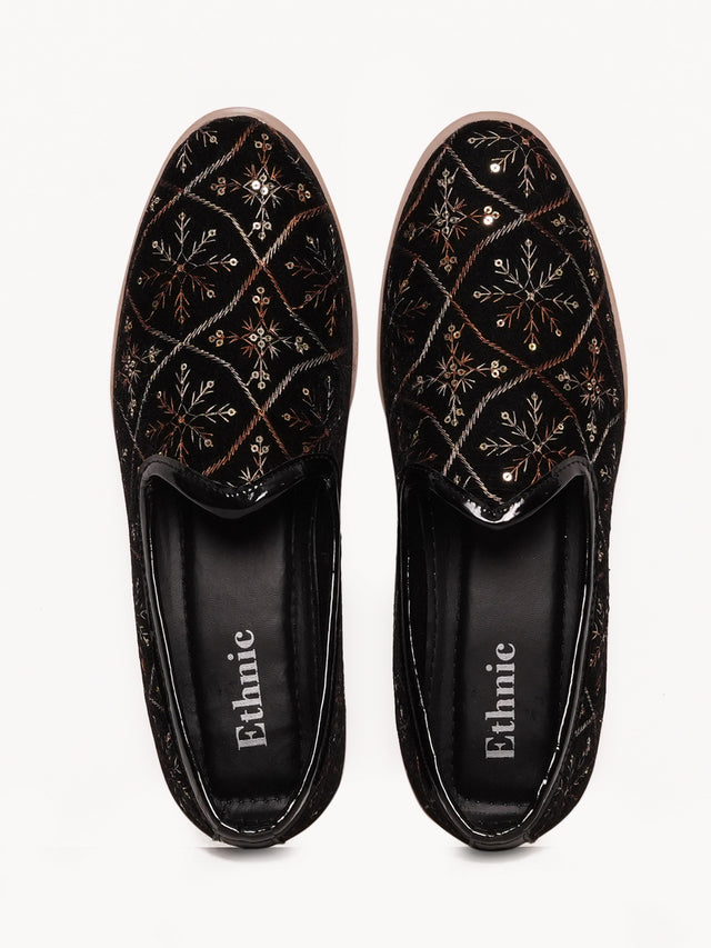 Black Floral Embroidered Ethnic Slip-On Shoes