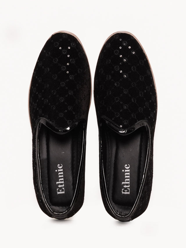 Black Floral Embroidered Ethnic Slip-On Shoes