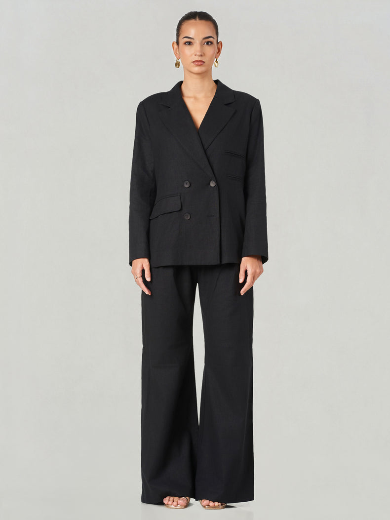 Linen Double Breasted Wide Leg Suit