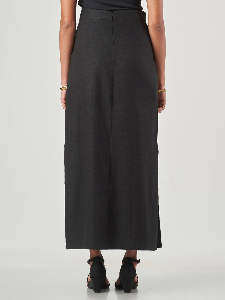 Black Linen Side-Slit Maxi Skirt