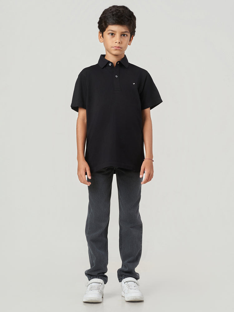 Black Solid Cotton Regular Fit Polo T-Shirt