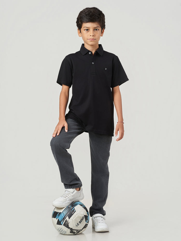 Black Solid Cotton Regular Fit Polo T-Shirt