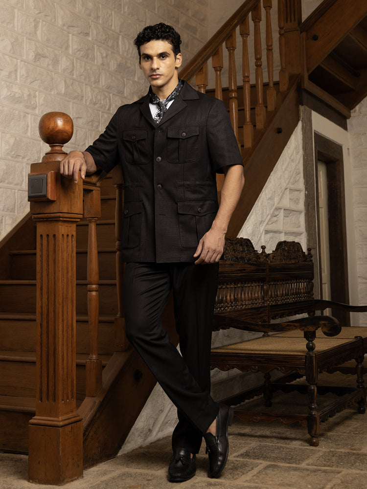 Black Textured Tailored Fit Safari Jacket