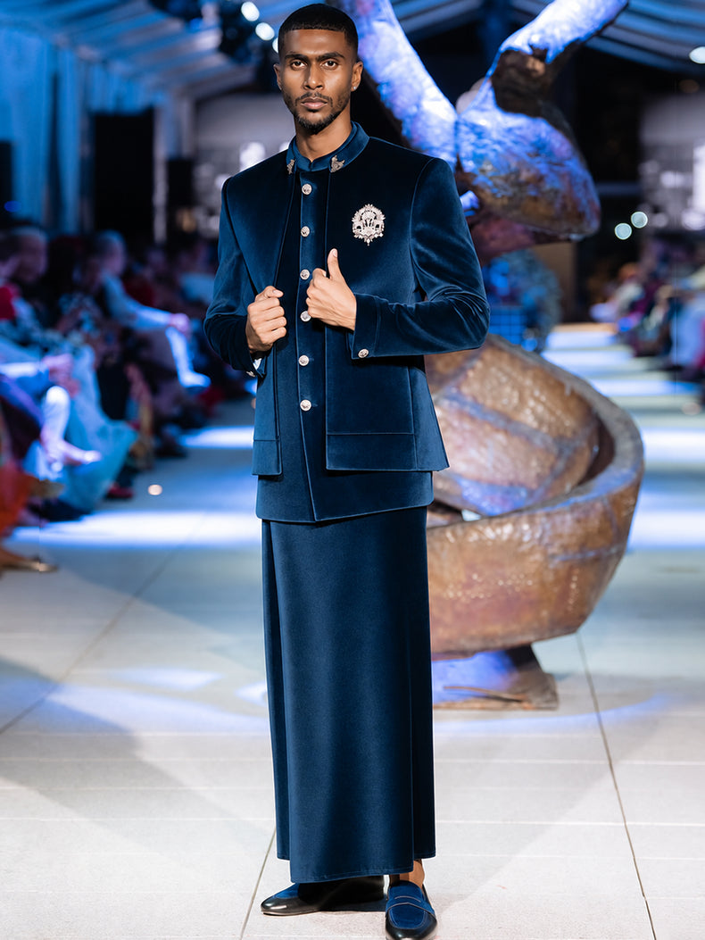 Blue Velvet Tailored Ethnic Ceremonial Suit