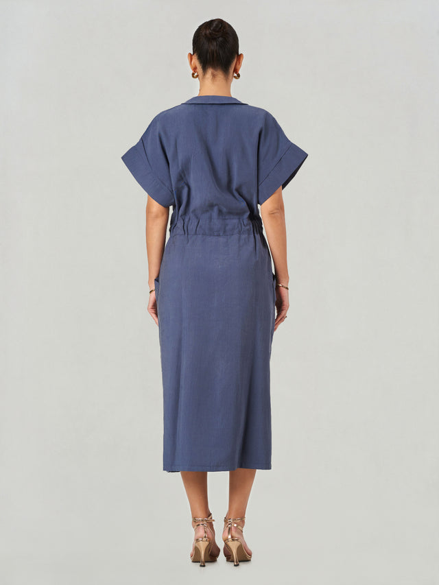 Blue Lyocell Blend Tie Waist Midi Dress