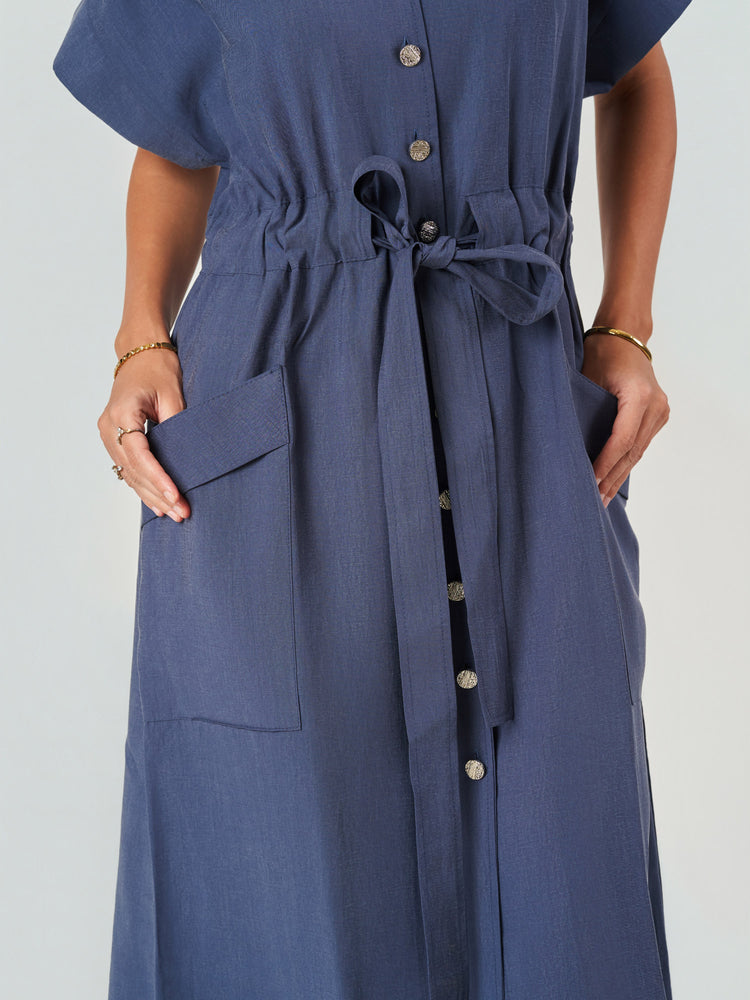 Blue Lyocell Blend Tie Waist Midi Dress