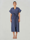 Blue Lyocell Blend Tie Waist Midi Dress