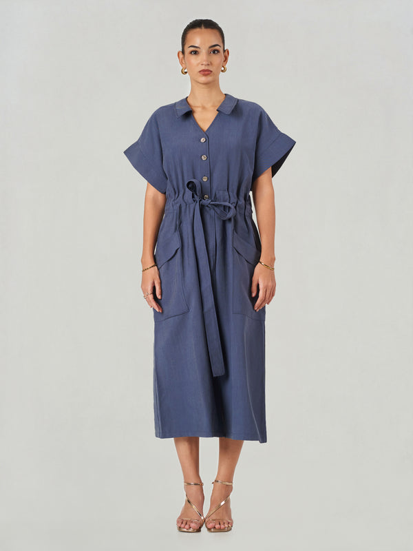 Blue Lyocell Blend Tie Waist Midi Dress