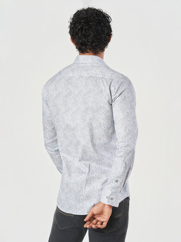 Blue Printed Cotton Slim Fit Casual Shirt