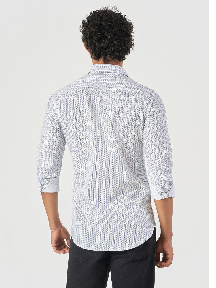 Blue Printed Cotton Slim Fit Casual Shirt