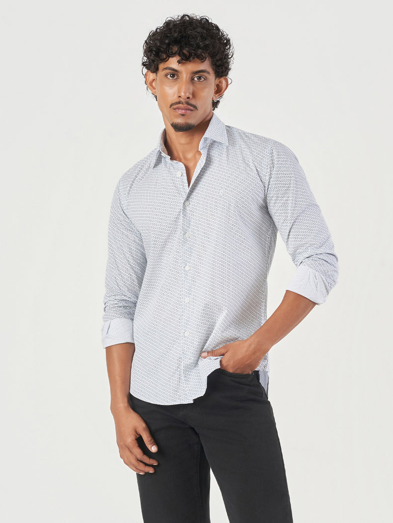 Blue Printed Cotton Slim Fit Casual Shirt