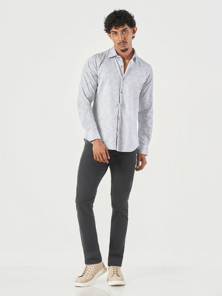 Blue Printed Cotton Slim Fit Casual Shirt