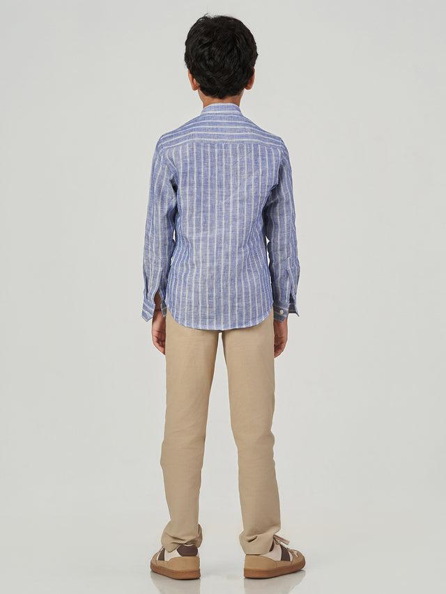 Blue Striped Cotton Linen Long Sleeve Shirt