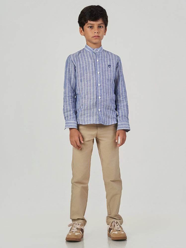 Blue Striped Cotton Linen Long Sleeve Shirt
