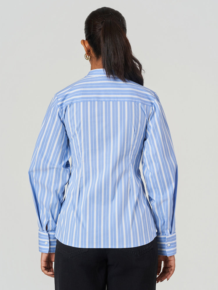 Striped Cotton Blend Tunic Collar Shirt