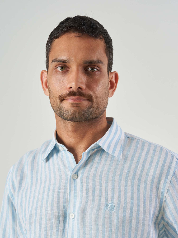Blue Striped Linen Tailor Fit Shirt