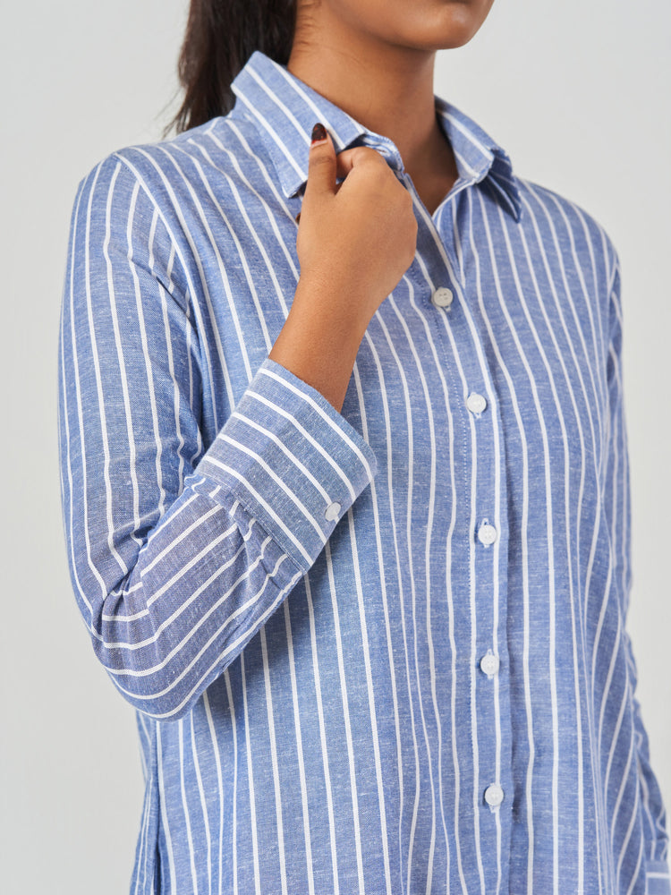 Blue Striped Relaxed Fit Midi Shirt Dress