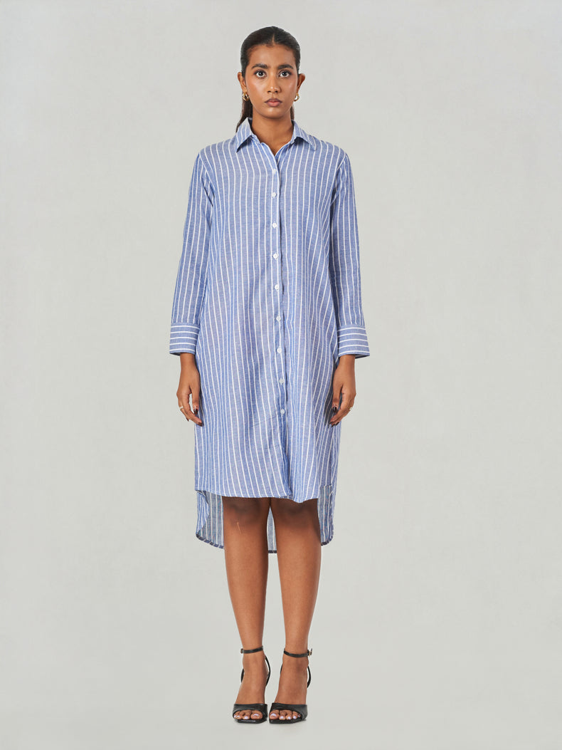 Blue Striped Relaxed Fit Midi Shirt Dress