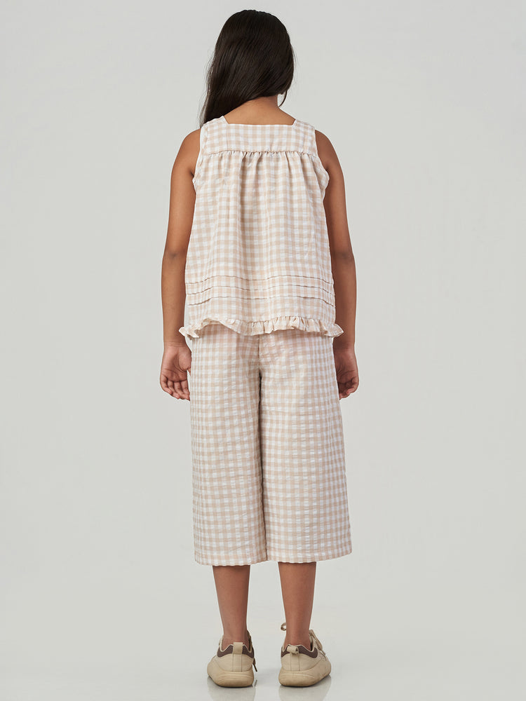 Brown Checked Sleeveless Top and Trouser Set