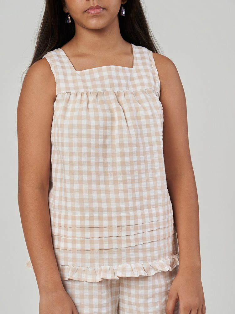 Brown Checked Sleeveless Top and Trouser Set