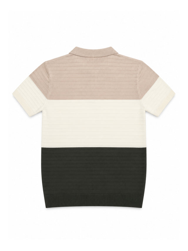 Brown Cream Colour Block Knit Regular Fit Polo Shirt