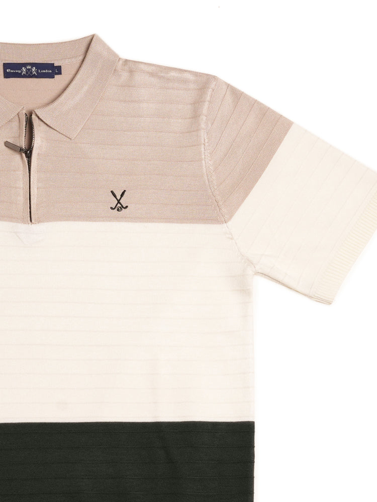 Brown Cream Colour Block Knit Regular Fit Polo Shirt