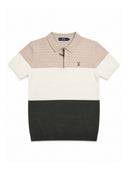 Brown Cream Colour Block Knit Regular Fit Polo Shirt