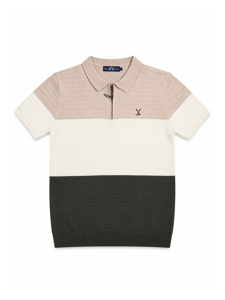 Brown Cream Colour Block Knit Regular Fit Polo Shirt