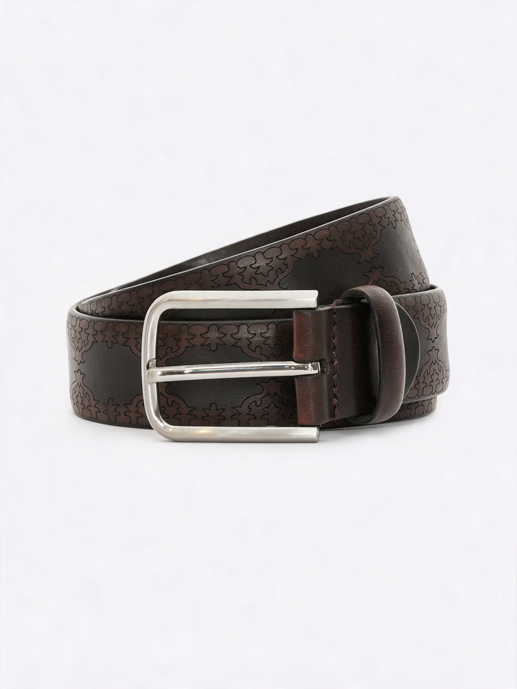 Floral Embossed Full Grain Leather Belt