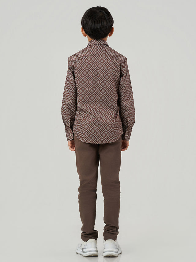 Brown Geometric Printed Cotton Lyocell Long Sleeve Shirt