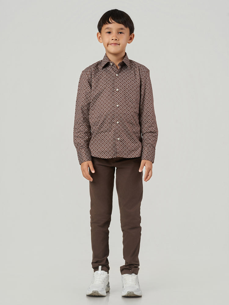 Brown Geometric Printed Cotton Lyocell Long Sleeve Shirt